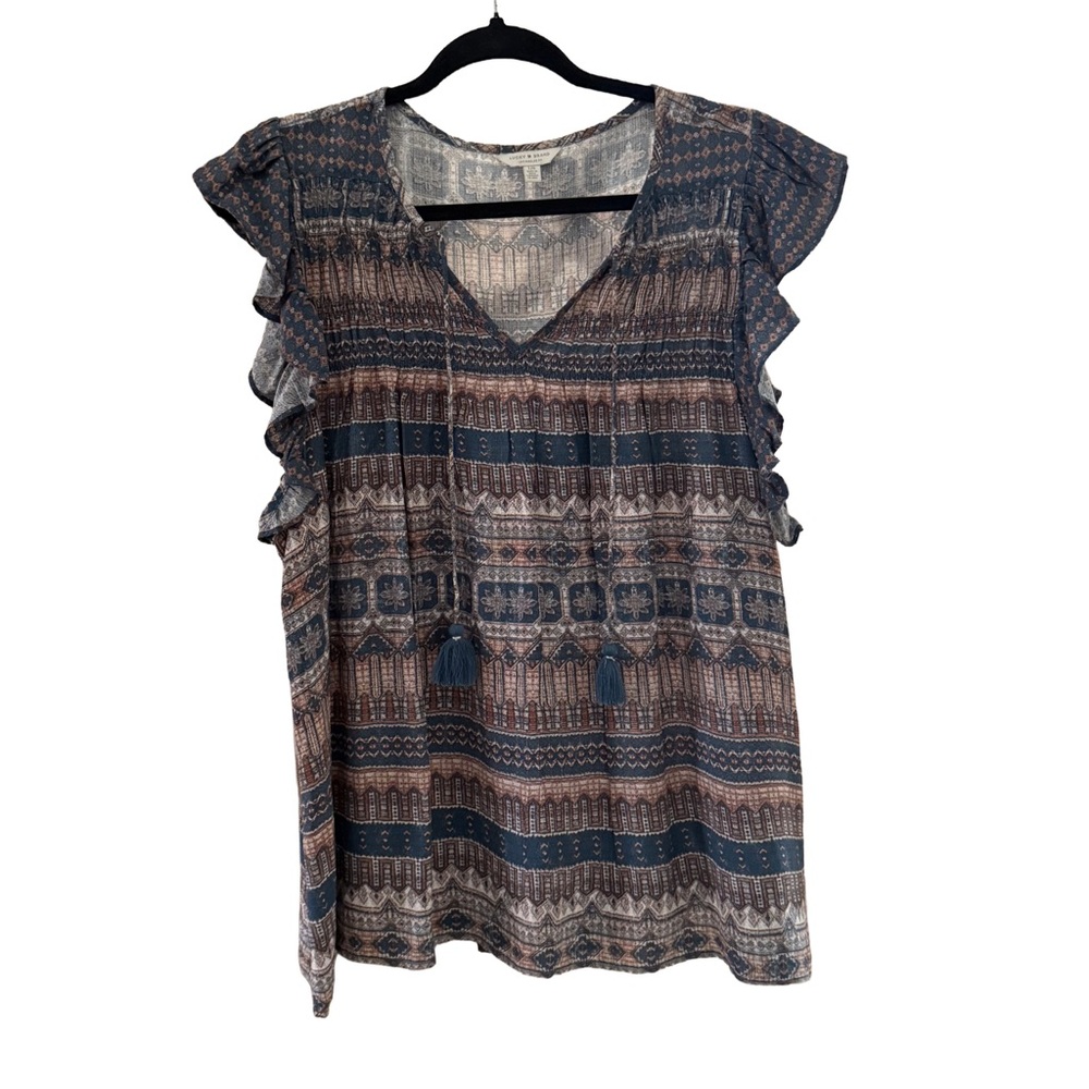 Lucky Brand Leah Flutter Ruffle Sleeve Top Gold Multi Color Women Abstract Large - Picture 2 of 5